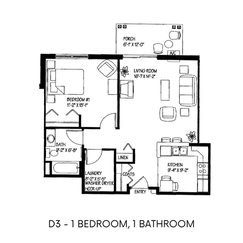 Floor plan for 1 bed, 1 bath